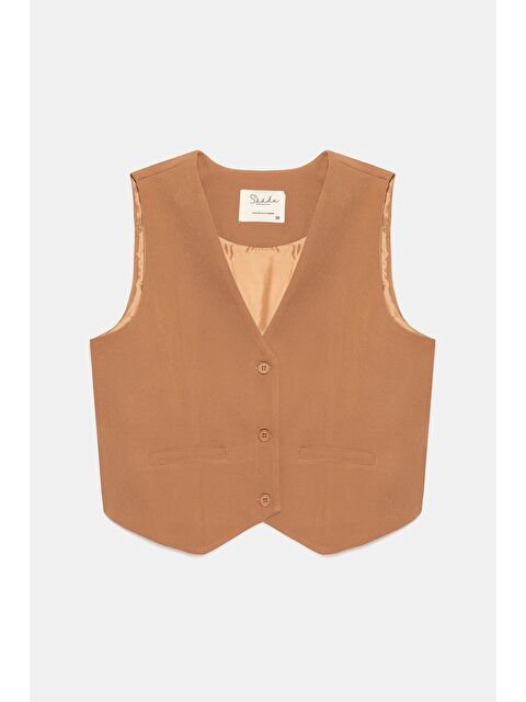 Saade Kamel Kadın V Yaka Düğmeli Klasik Dokuma Blazer Yelek