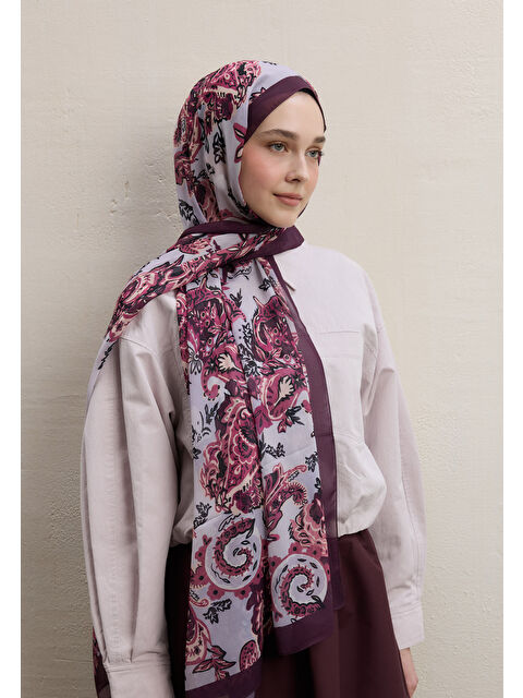 Fresh Scarfs Wıld Flora Desen İpek Krep Şal Mürdüm - S000420475-20036