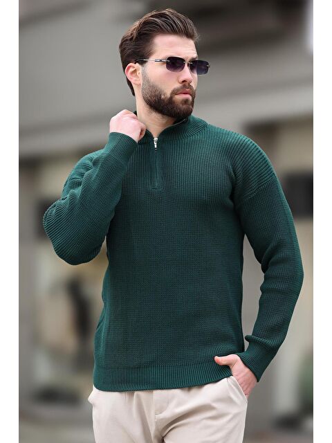 Madmext Petrol Yeşili Fermuar Yaka Triko Erkek Kazak E7295 - S000324327-20019