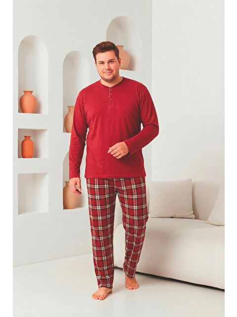 Formo Erkek %100 Doğal Pamuk Ekoseli Uzun Kollu Düğmeli Yüksek Kaliteli Battal Pijama Takımı - S000527206-19951