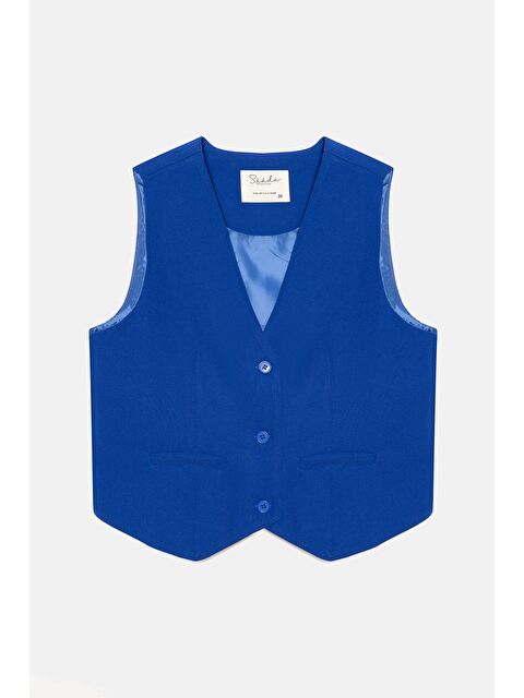 Saade Saks Mavi Kadın V Yaka Düğmeli Klasik Dokuma Blazer Yelek