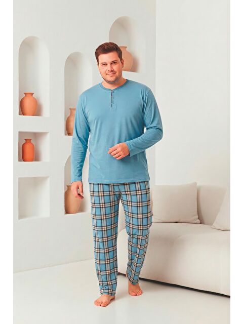 Formo Erkek %100 Doğal Pamuk Ekoseli Uzun Kollu Düğmeli Yüksek Kaliteli Battal Pijama Takımı - S000527206-17437