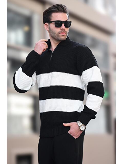 Madmext Siyah Fermuar Yaka Çizgili Erkek Kazak E7272 - S000436679-19351