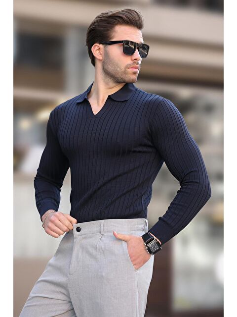 Madmext Lacivert Polo Yaka Çizgili Uzun Kollu Erkek Kazak 7289 - S000436680-21164