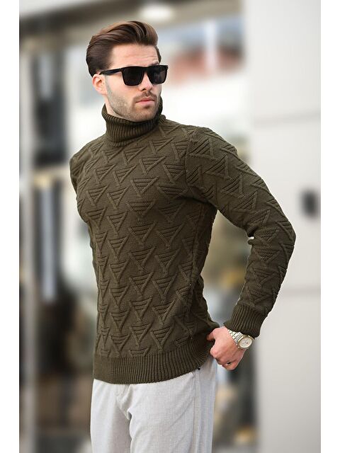 Madmext Haki Balıkçı Yaka Desenli Erkek Kazak E7292 - S000436678-18547