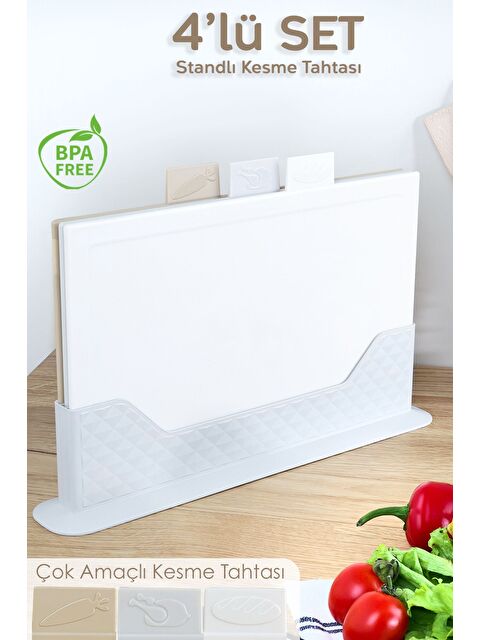 Meleni Home 4 Parça Çoklu Kesme Tahtası Seti Yatay Standlı Doğrama Tahtası Ekmek Sebze Et Kesim Panosu Bej - S000385441-19928