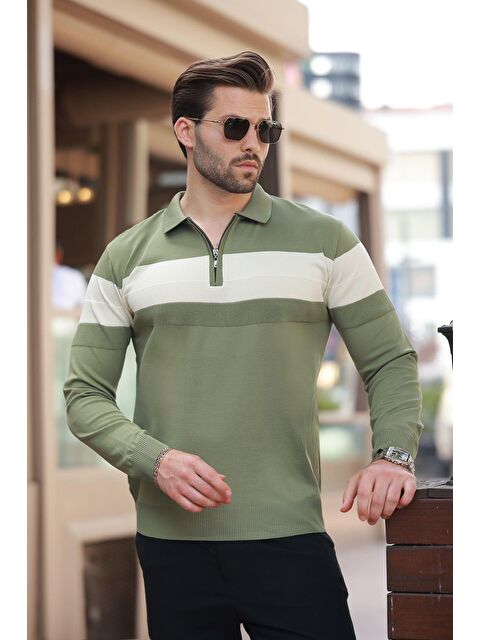 Madmext Haki Fermuarlı Polo Yaka Çizgili Uzun Kollu Kazak E7288 - S000436681-18547
