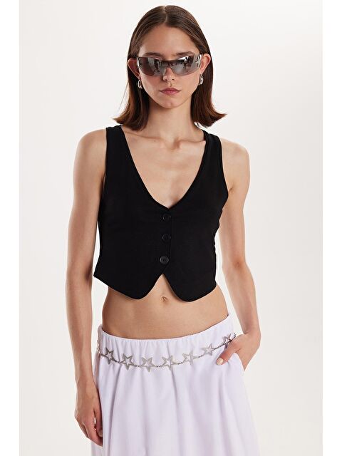 TUDORS Kadın Regular Fit Sıfır Kol V Yaka Düğmeli Siyah Yelek - S000523428-19351