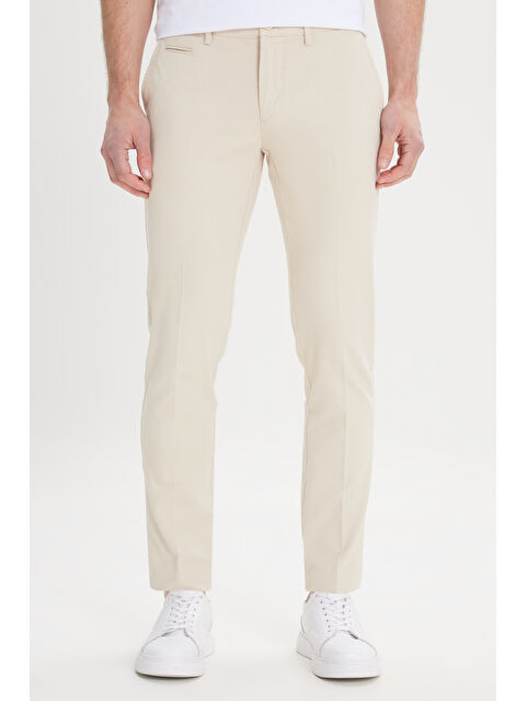 AC&Co / Altınyıldız Classics Erkek Ekru Slim Fit Dar Kesim Yan Cepli Pamuklu Esnek Armürlü Pantolon - S000403001-19965