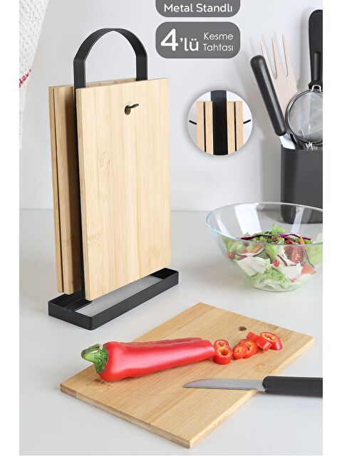 Meleni Home 4'lü Metal Standlı Bambu Kesme Tahtası Dikdörtgen Doğrama Tahtası Kesim Panosu Sunum Tahtası - S000385442-19928