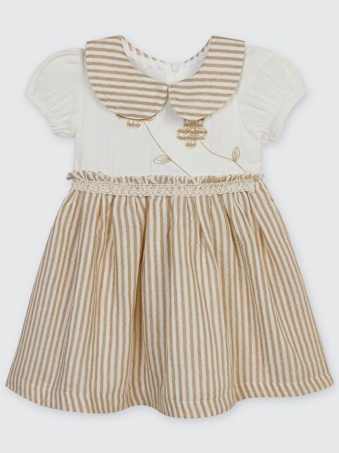 Bombili Çiçek Nakışlı Çizgili 1-3 Yaş Elbise - Bej18-24 Ay - S000469098-19928