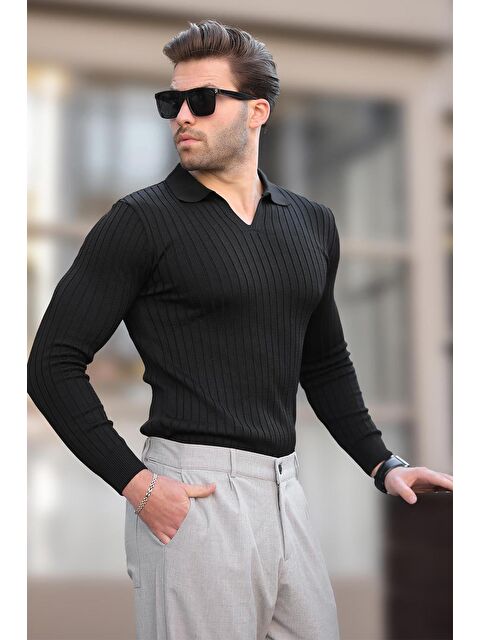 Madmext Siyah Polo Yaka Çizgili Uzun Kollu Erkek Kazak 7289 - S000436680-19351