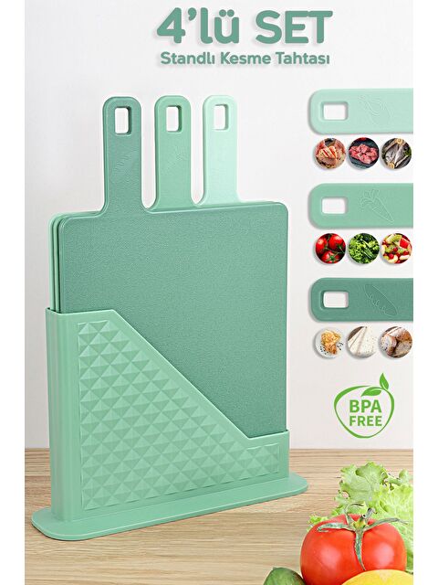 Meleni Home 4 Parça Standlı Kesme Tahtası Seti Çoklu Doğrama Tahtası Ekmek Sebze Et Kesim Panosu Yeşil - S000385444-18194