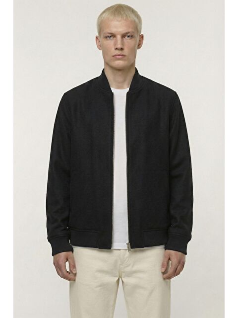 Sabri Özel Giotelli Siyah Regular Fit Yünlü Bomber Yaka Kaşe Erkek Mont - S000524390-19351