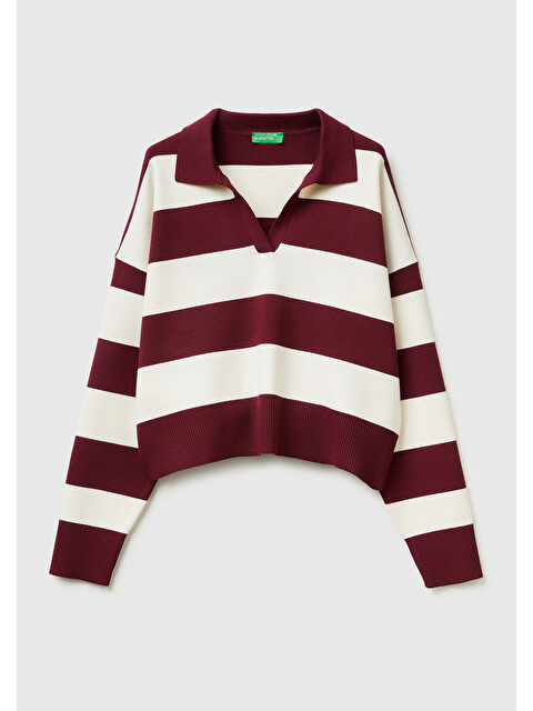 United Colors Of Benetton Kadın Bordo Viskoz Karışımlı Çizgili Boxy Fit Polo Yaka Kazak