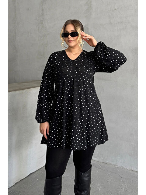Stil Diva Büyük Beden Uzun Kollu Önü Pileli Bilekleri Lastikli Puantiyeli Bluz 322348 - S000327505-19351
