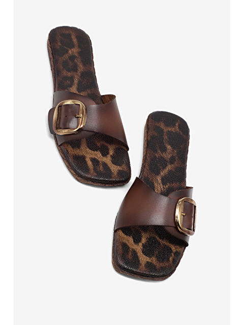 TONNY BLACK Kadın Taba Rahat Kalıp Leopar Desenli Tokalı Terlik - S000521772-19413