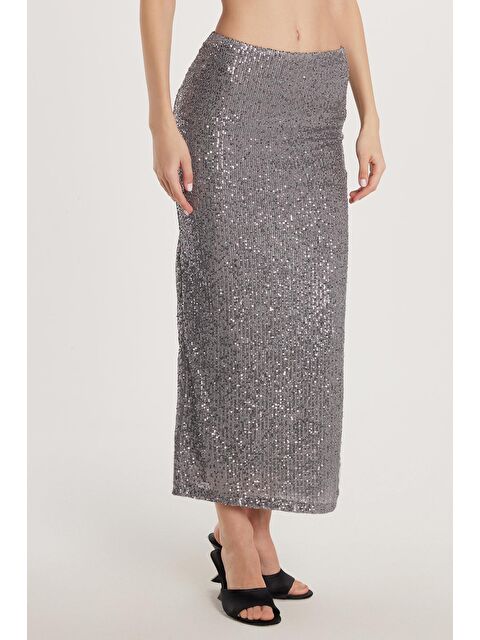 TUDORS Kadın Slim Fit Simli Uzun Düz Gri Etek - S000523434-20600