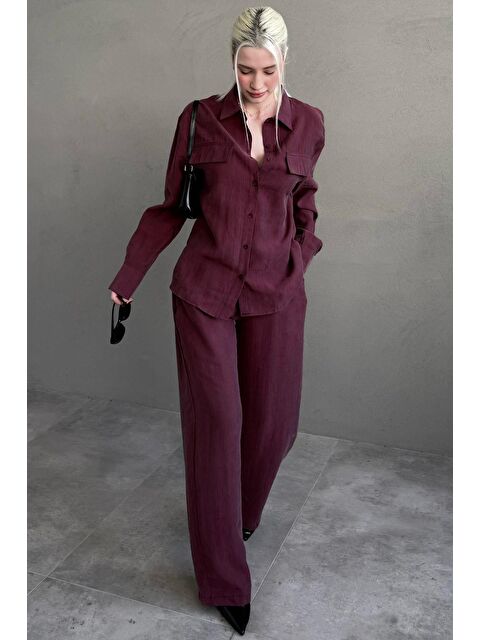 Madmext Bordo Kumaş Düğmeli Kadın Gömlek Takım Mg2621 - S000508420-19951