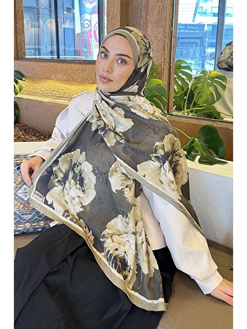 Lamelif Flower Desen Bambu Şal Asker Yeşili - S000529580-18194