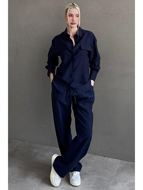 Madmext Lacivert Kumaş Düğmeli Kadın Gömlek Takım Mg2621 - S000508420-21164