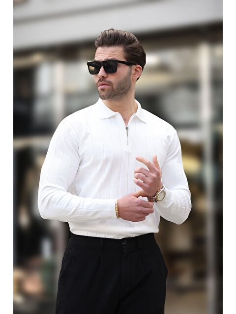 Madmext Beyaz Polo Yaka Fermuarlı Örme Kazak - S000244242-20063