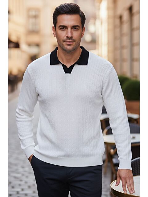 Mishar İtalia Erkek Polo Yaka Kendinden Desenli Triko Kazak - S000491477-20063