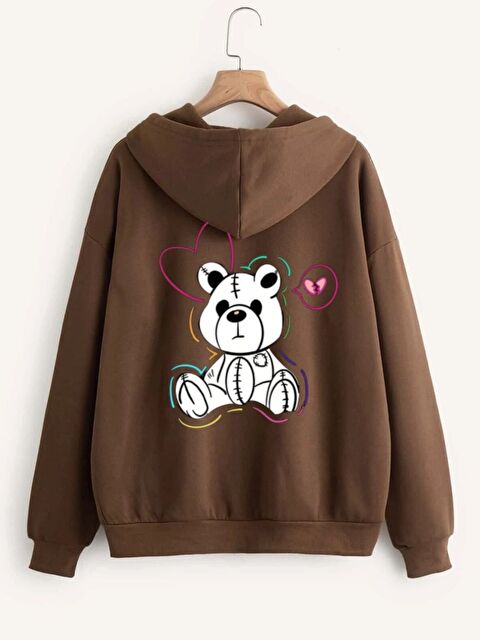 Trendseninle Unisex Kahve Sweet Bear Baskılı Kapüşonlu Fermuarlı Hırka - S000487593-19413