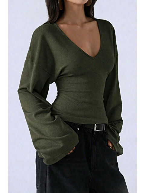 Tarz Cool Kadın V Yaka Uzun Kollu Belden Oturtmalı Bluz