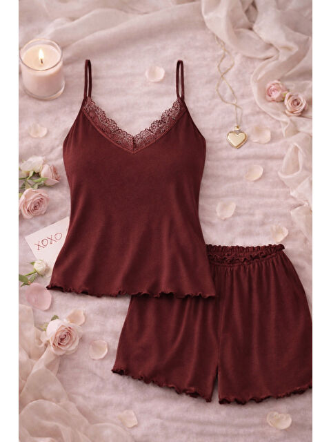 Koza İç Giyim Kadın Viskon Yumuşak Dokulu Dantelli İp Askılı Şortlu Pijama Takımı - S000523435-19951