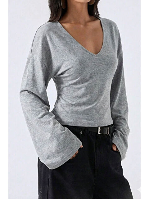 Tarz Cool Kadın V Yaka Uzun Kollu Belden Oturtmalı Bluz