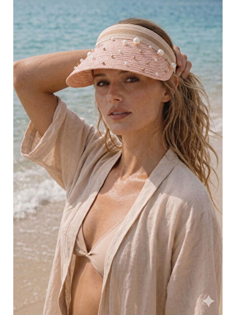 Luminos Butik Kadın Pudra Hasır İncili Vizör Şapka Yazlık Plaj Şapkası HSR2134