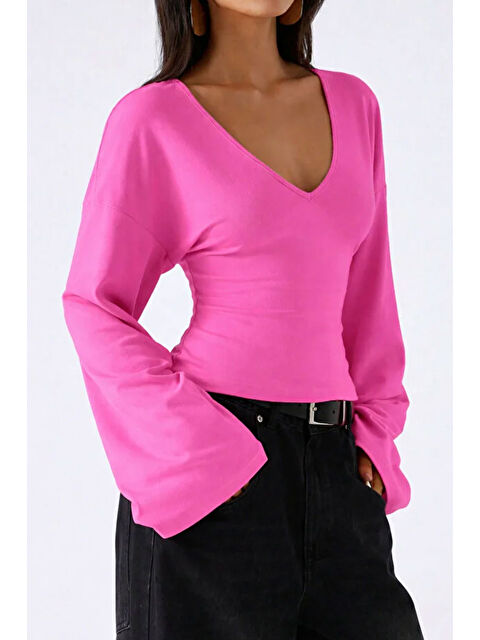 Tarz Cool Kadın V Yaka Uzun Kollu Belden Oturtmalı Bluz