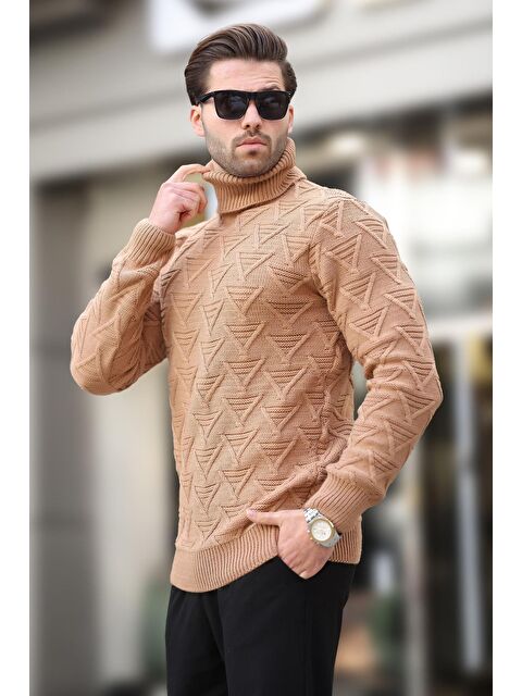 Madmext Camel Balıkçı Yaka Desenli Erkek Kazak E7292 - S000436678-4557