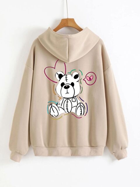 Trendseninle Unisex Bej Sweet Bear Baskılı Kapüşonlu Fermuarlı Hırka - S000487593-19928