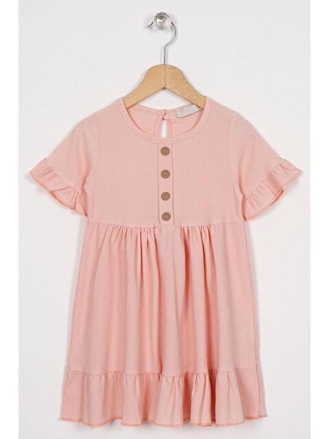 Zepkids Bisiklet Yaka Kısa Kol Fırfırlı Düğmeli Pudra Renk Kız Çocuk Elbise - S000356705-7152
