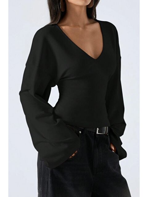Tarz Cool Kadın V Yaka Uzun Kollu Belden Oturtmalı Bluz