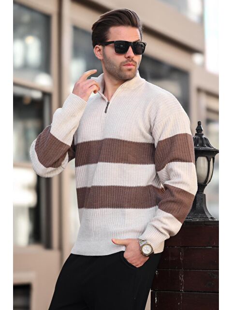 Madmext Taş Rengi Fermuar Yaka Çizgili Erkek Kazak E7272 - S000436679-25636
