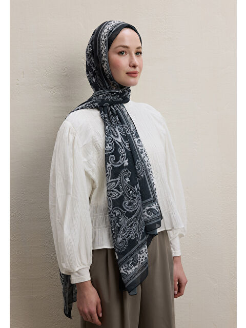 Fresh Scarfs Luna Desen İpek Krep Şal Antrasit - S000420490-29666