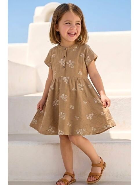 ZEYLAND Kız Çocuk Nakış Detaylı Düğmeli Elbise - Beige - S000532951-19928