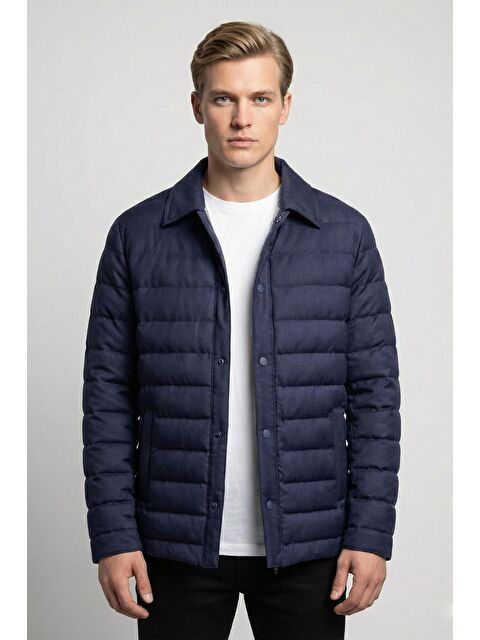 Sabri Özel Giotelli Lacivert Regular Fit Yünlü Ceket Yaka Kapitone Erkek Mont - S000524392-21164