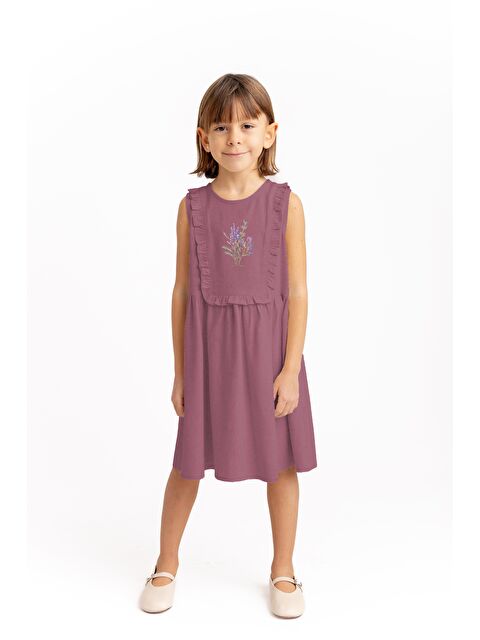 CİGİT Dikdörtgen Robası Nakışlı Keten Elbise 2-7 Yaş Mürdüm - S000377150-20036