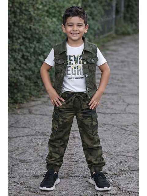 Riccotarz Erkek Çocuk Kolsuz Jean Ceket Never Yazı Detaylı T-Shirt Karo Cepli Kamuflaj Desenli Alt Üst Takım - S000511500-18547