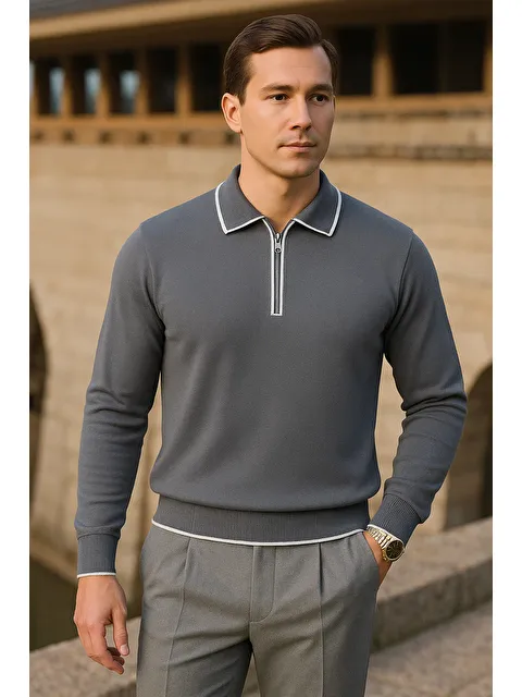 Comstar Erkek Çizgili Trend Uzun Kollu Füme Polo Yaka Kazak