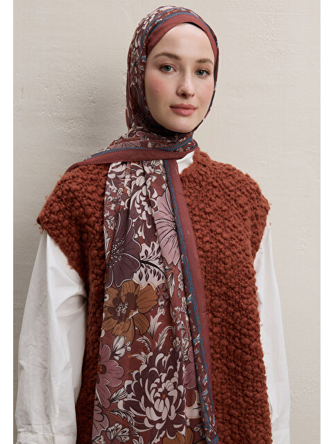 Fresh Scarfs Dahlıa Desen İpek Krep Şal Kiremit - S000420429-18657