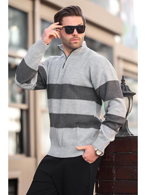 Madmext Gri Fermuar Yaka Çizgili Erkek Kazak E7272 - S000436679-20600