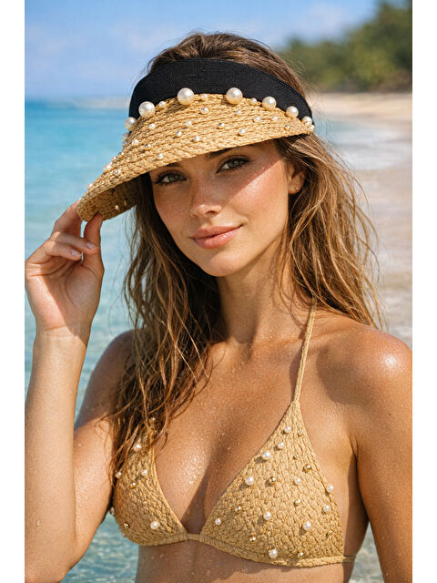 Luminos Butik Kadın Camel Hasır İncili Vizör Şapka Yazlık Plaj Şapkası HSR2135 KAHVERENGI