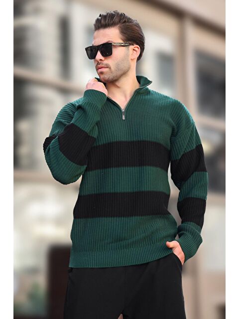 Madmext Yeşil Fermuar Yaka Çizgili Erkek Kazak E7272 - S000436679-18194