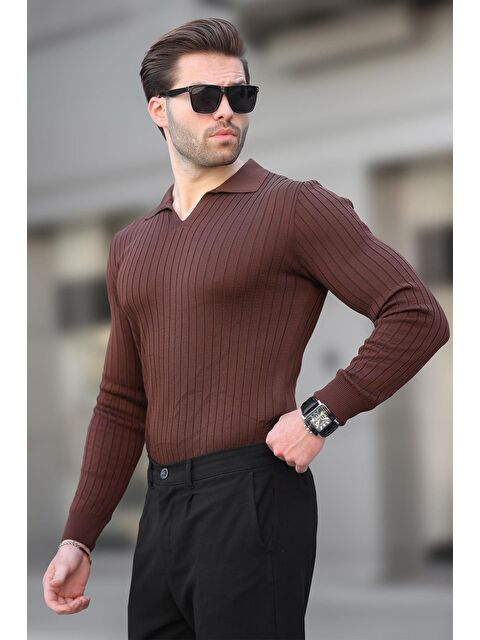 Madmext Kahverengi Polo Yaka Çizgili Uzun Kollu Erkek Kazak 7289 - S000436680-19413
