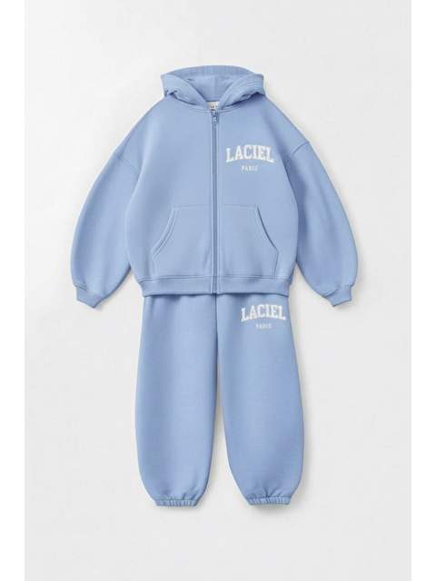 Magu Kız Çocuk Pamuklu Mavi Kapüşonlu Fermuarlı Eşofman Takım – Rahat Kesim - S000482118-17234